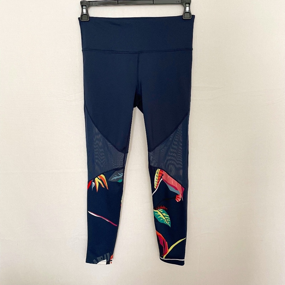 JOYLAB Women’s Medium Navy Blue Tropical Leaves Mesh Inset at Knees Leggings